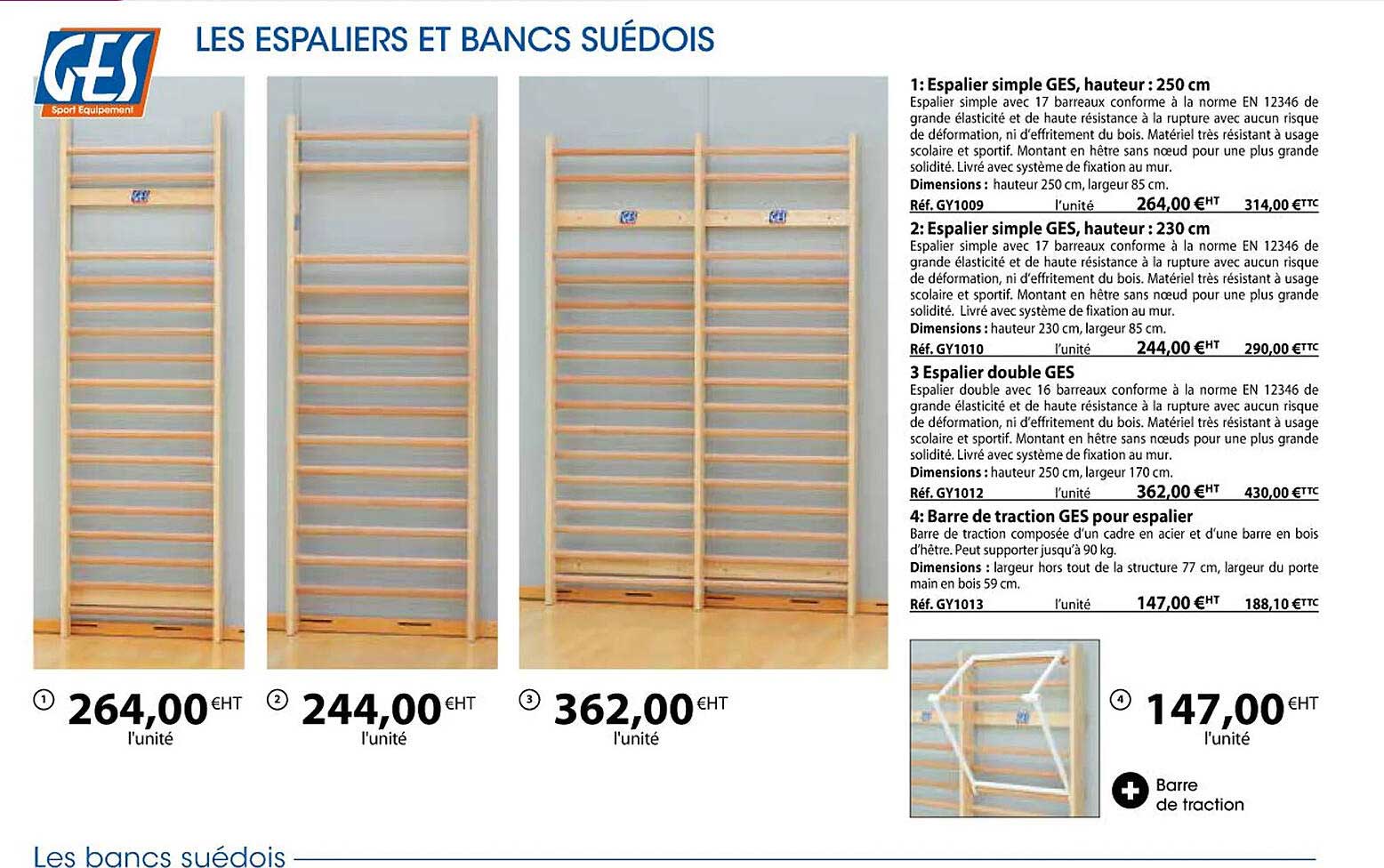 espalier simple ges, hauteur : 250 cm, espalier double ges, barre de traction ges pour espalier, espalier simple ges, hauteur : 230 cm