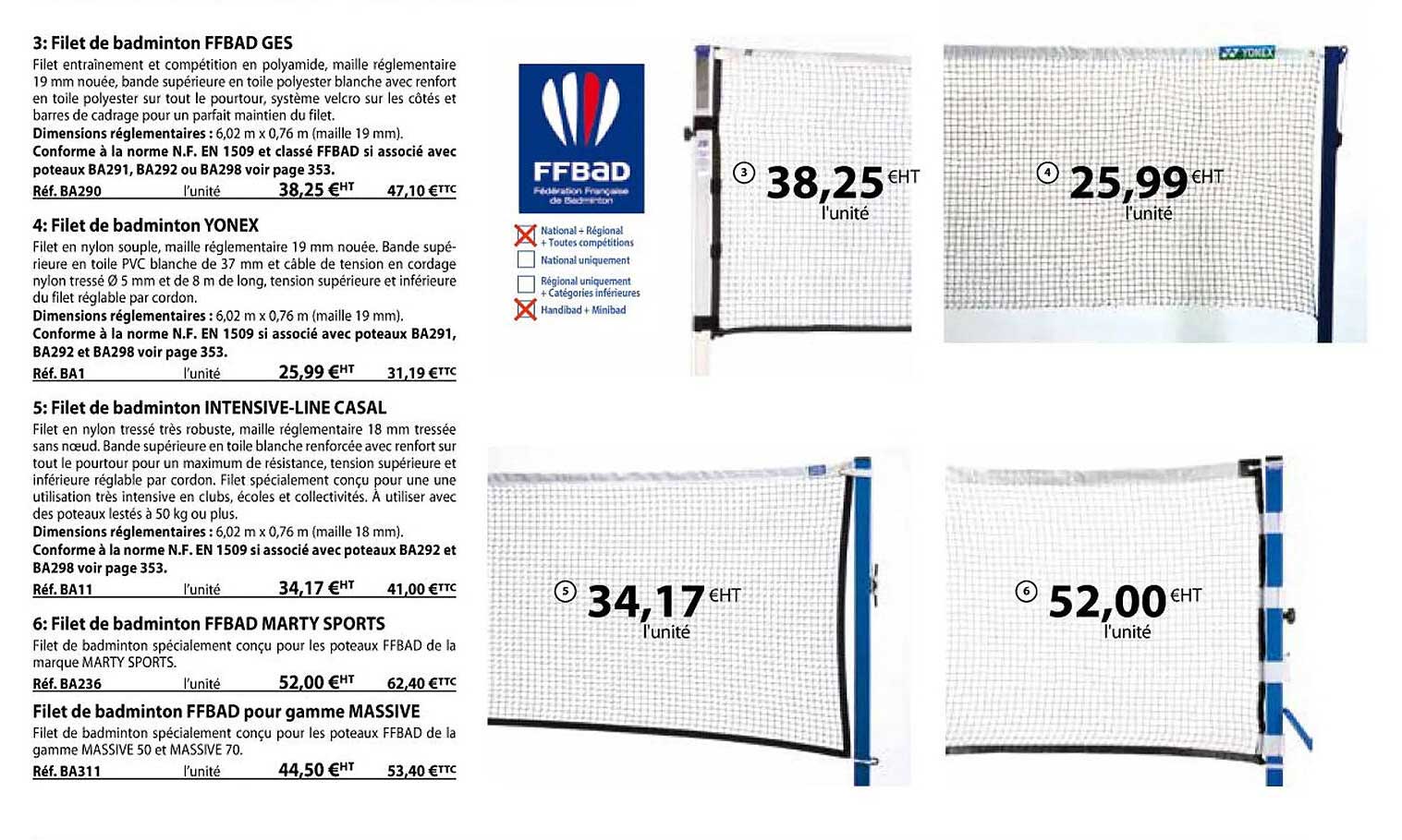 filet de badminton ffbad ges, filet de badminton yonex, filet de badminton intensive-line casal, filet de badminton ffbad marty sports