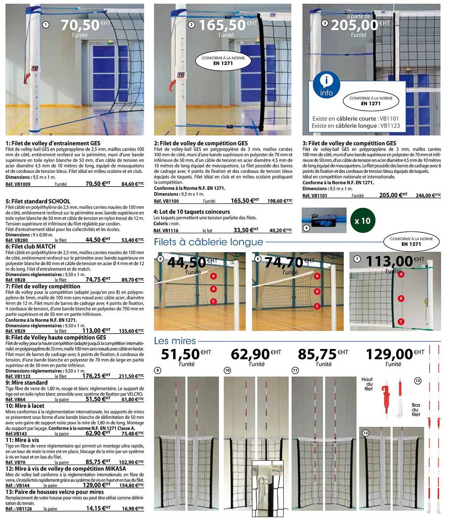 filet de volley d'entraînement ges, filet standard school, filet club match, filet de volley compétition, filet de volley haute compétition ges, mire standard, mire à lacet, mire à vis