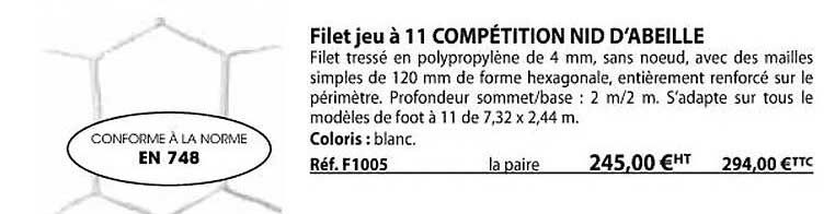 filet jeu à 11 compétition nid d'abeille