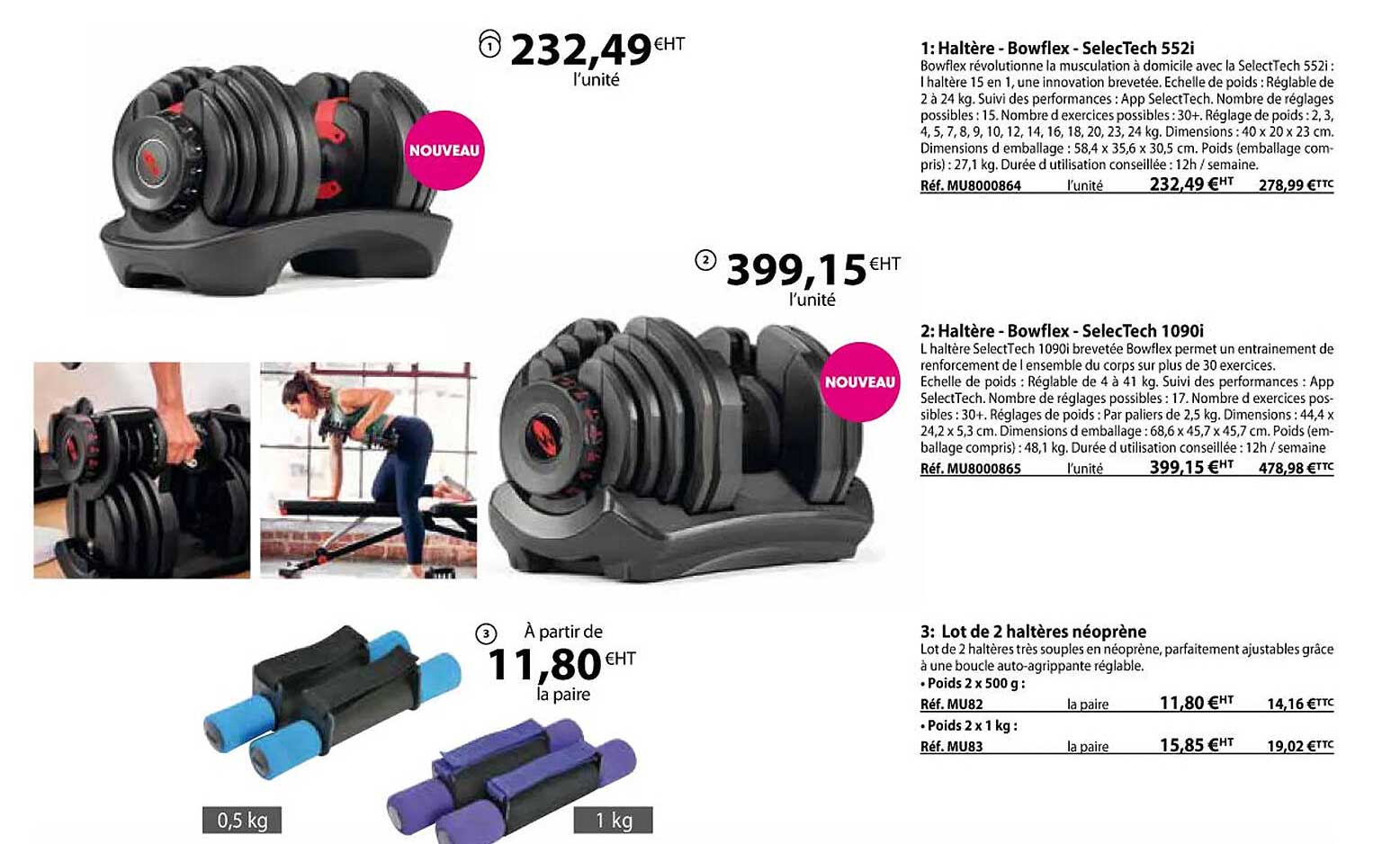 haltère - bowflex - selecTech 552i, haltère - bowflex - selecTech 1090i, lot de 2 haltères néoprène