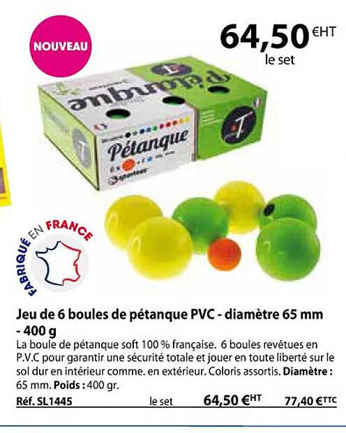 jeu de 6 boules de pétangue pvc - diamètre 65 mm - 400 g