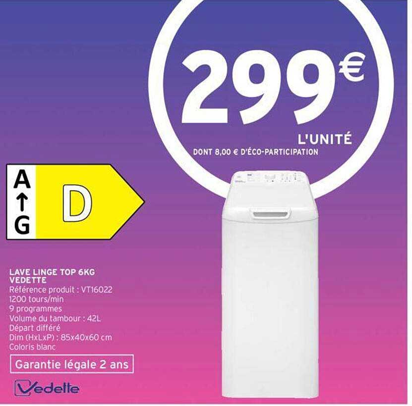 lave linge top 6 kg vedette