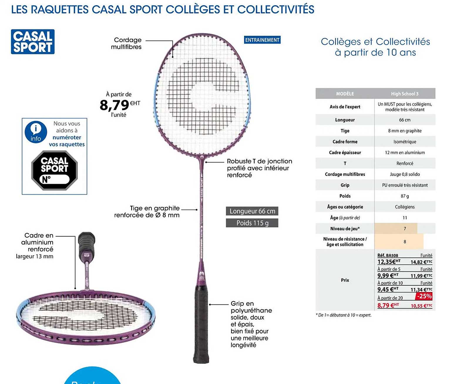 les raquettes casal sport collèges et collectivités