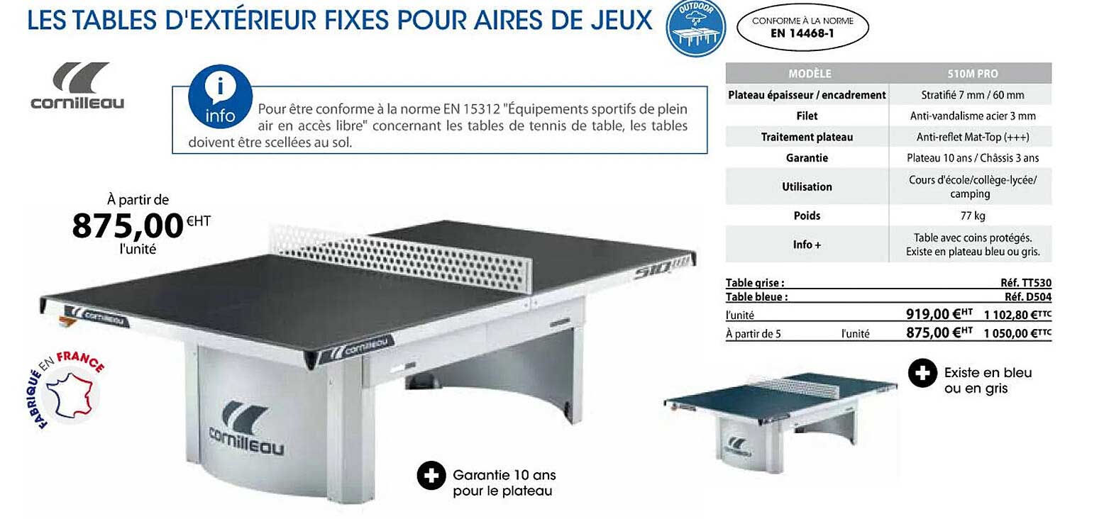 les tables d'extérieur fixes pour aires de jeux cornilleau