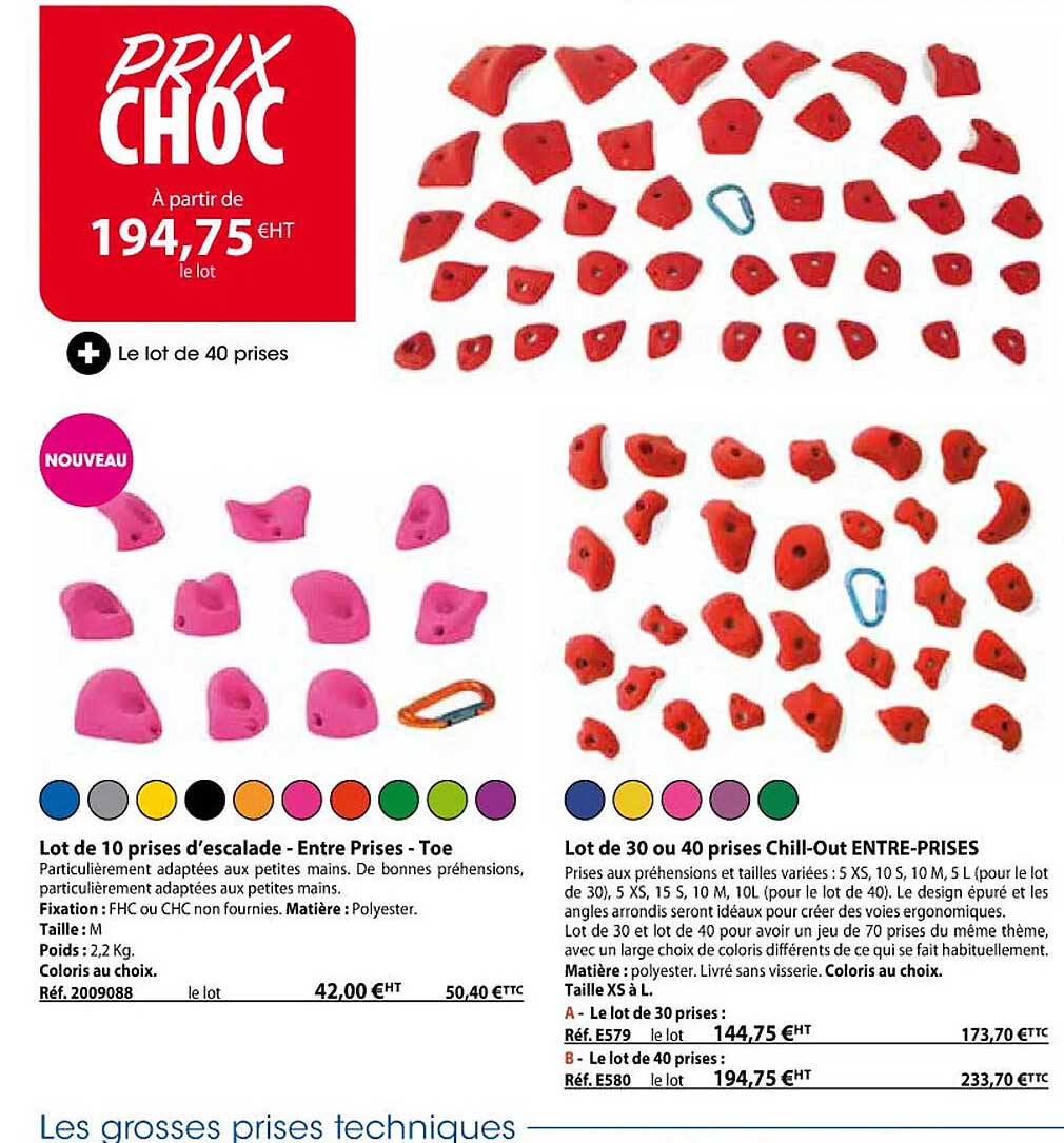 lot de 10 prises d'escalade - entre prises - toe, lot de 30 ou 40 prises chili-out entre-prises