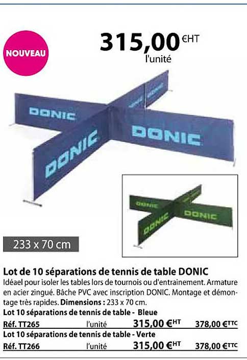 lot de 10 séparations de tennis de table donic