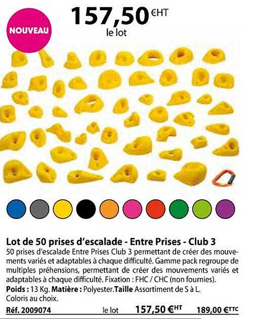 lot de 50 prises d'escalade - entre prises - club 3