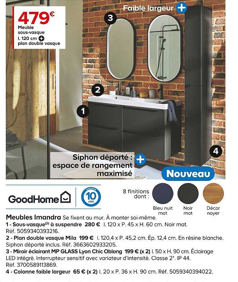 meubles imandra : sous-vasque à suspendre, plan double vasque mila, miroir éclairant mp glass lyon chic oblong, colonne faible largeur