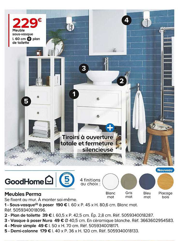 meubles perma goodHome : sous-vasque à poser, plan de toilette, vasque à poser nura, miroir simple, demi-colonne