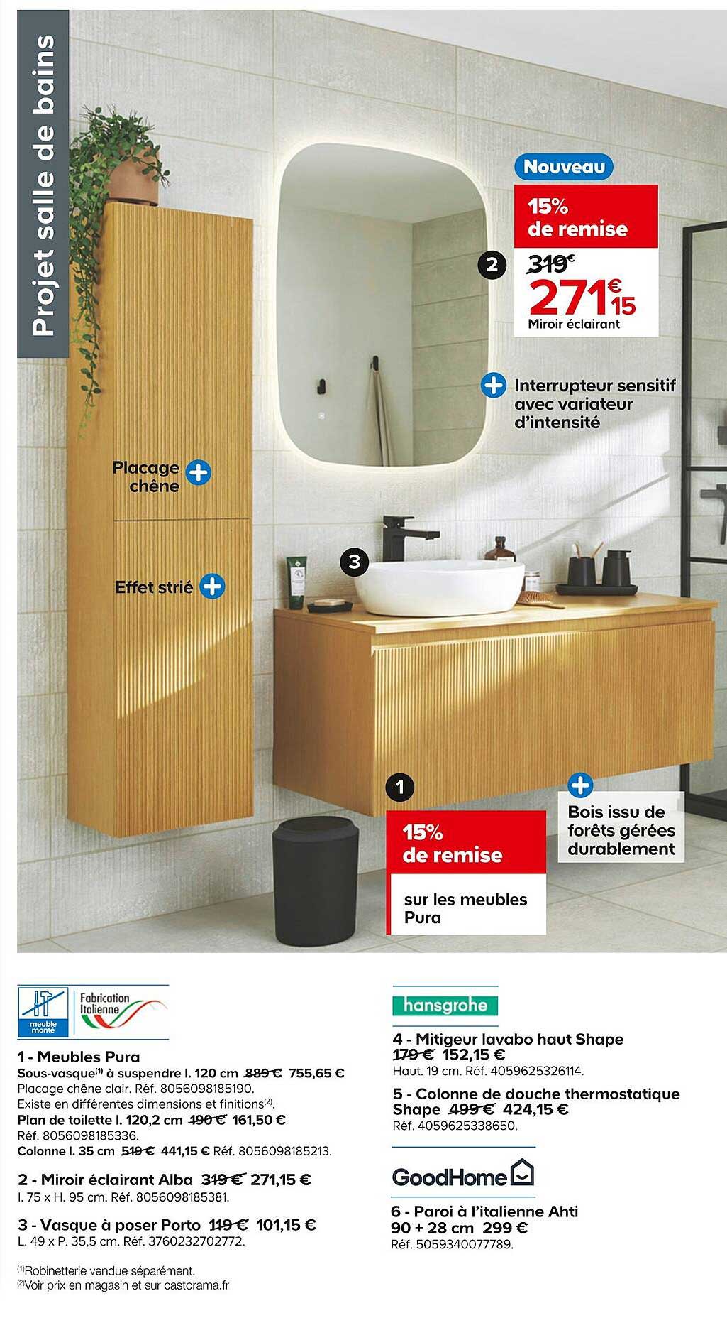 meubles pura, miroir éclairant alba, vasque à poser porto, mitigeur lavabo haut shape, colonne de douche thermostatique shape