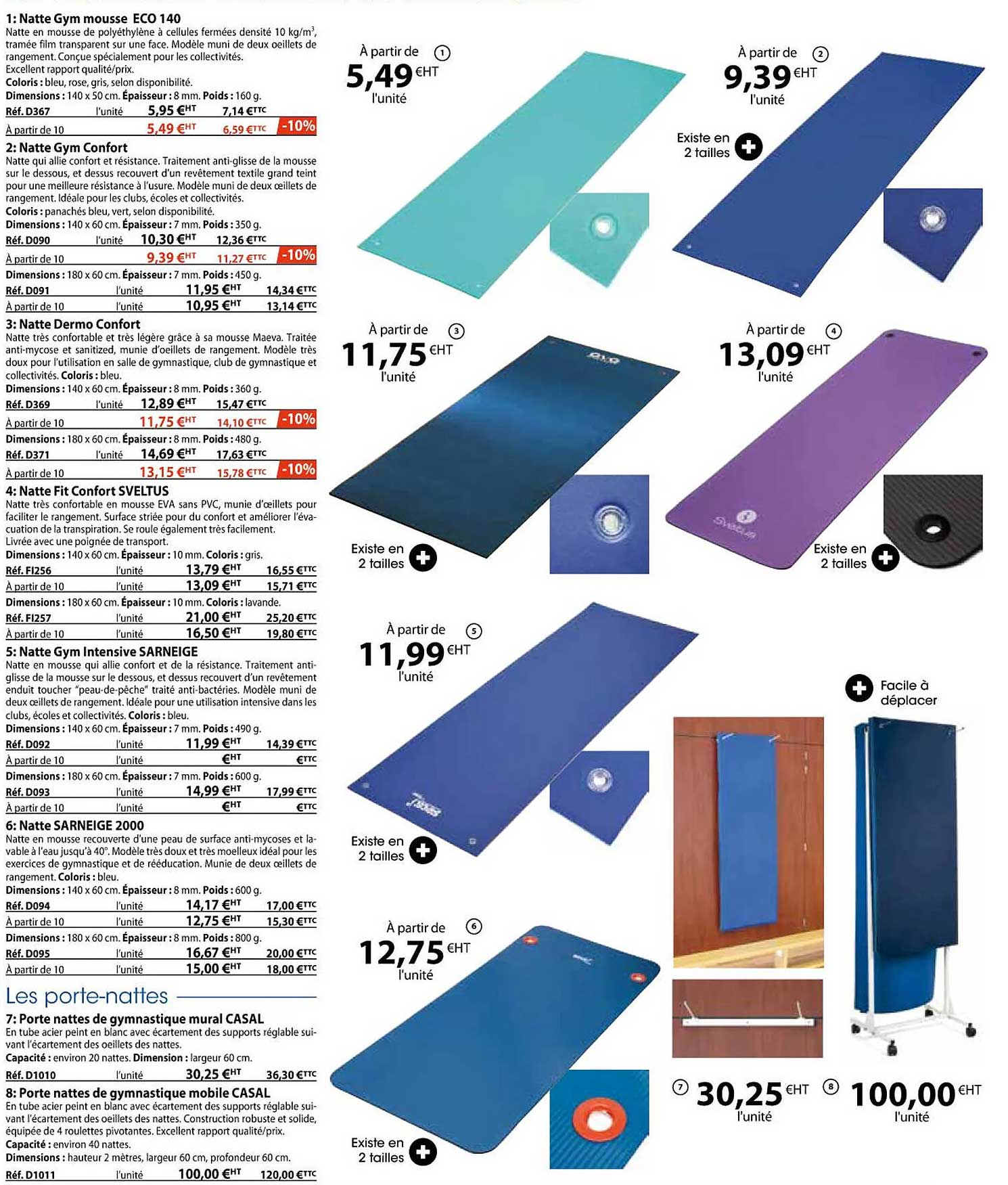 natte gym mousse eco 140, natte gym confort, natte dermo confort, natte fit confort sveltus, natte gym intensive sarneige, natte sarneige 2000, porte natte de gymnastique mural casal