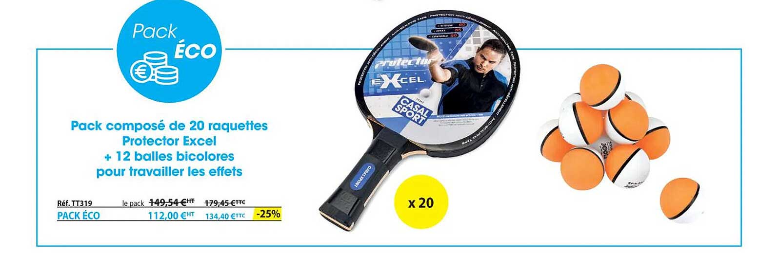 pack composé de 20 raquettes protector excel + 12 balles bicolores pour travailler les effets