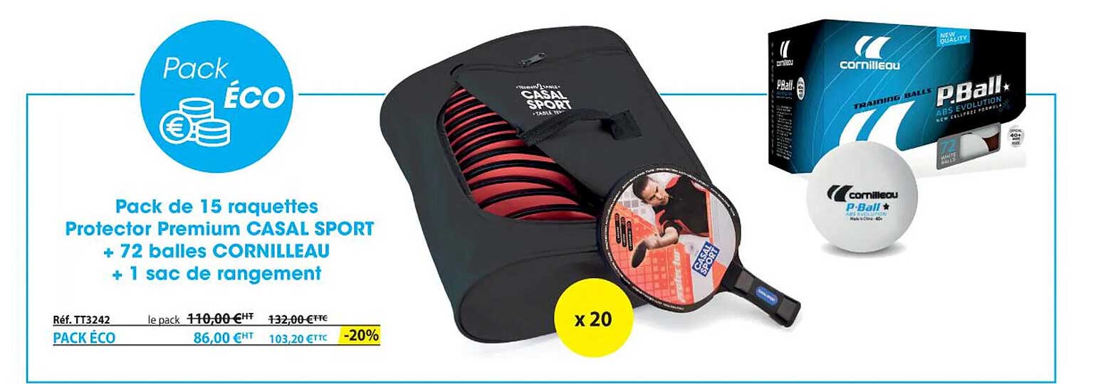 pack de 15 raquettes protector premium casal sport + 72 balles cornilleau + 1 sac de rangement