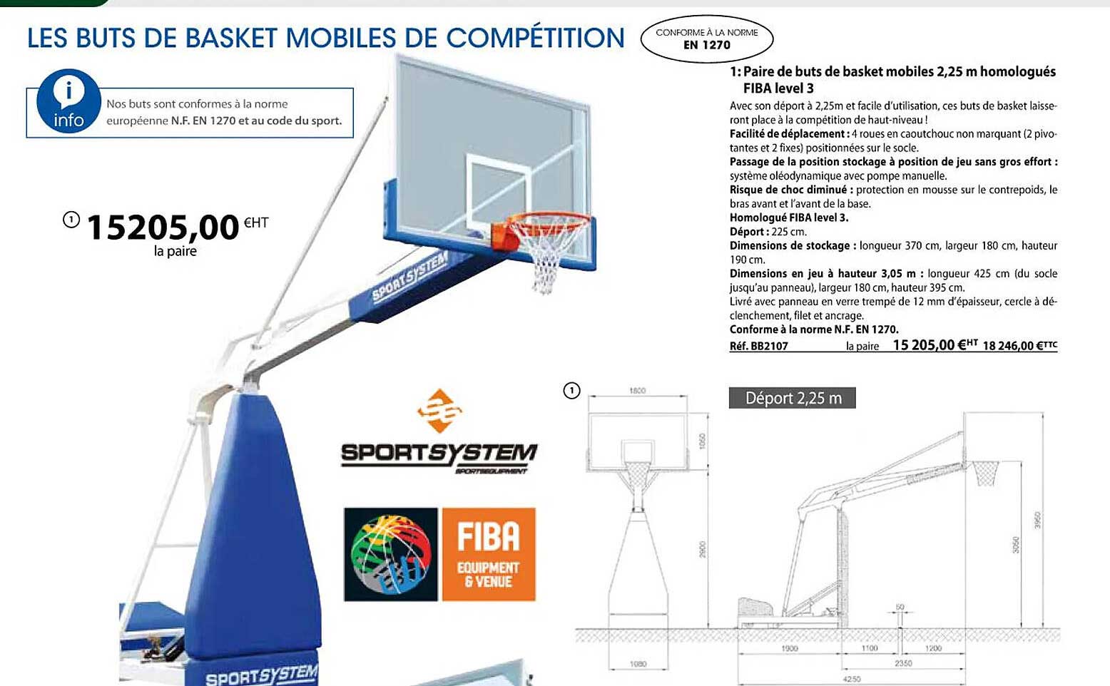 paire de buts de basket mobiles 2,25 m homologués fiba level 3