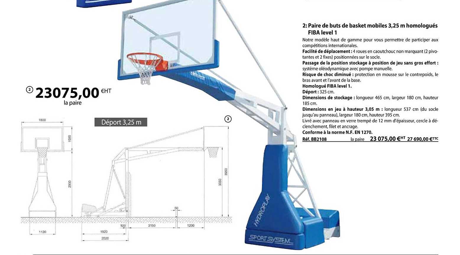 paire de buts de basket mobiles 3,25 m homologués fiba level 1