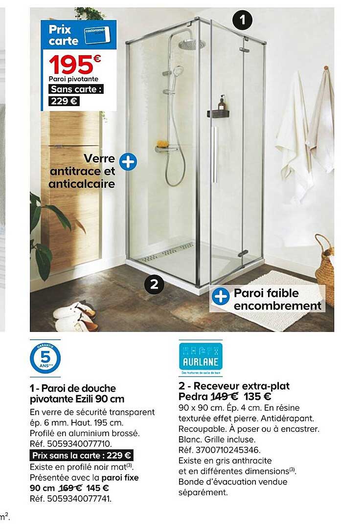 paroir de douche pivotante ezili 90 cm, receveur extra-plat pedra
