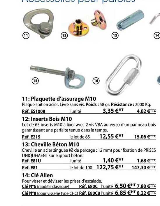 plaquette d'assurage m10, inserts bois m10, cheville béton m10, clé allen