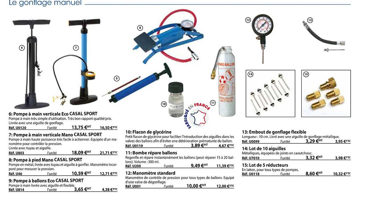 pompe à main verticale eco casal sport, pompe à main verticale mano casal sport, pompe à pied mano casal sport, pompe à ballons eco casal sport, flacon de glycérine, bombe répare ballons