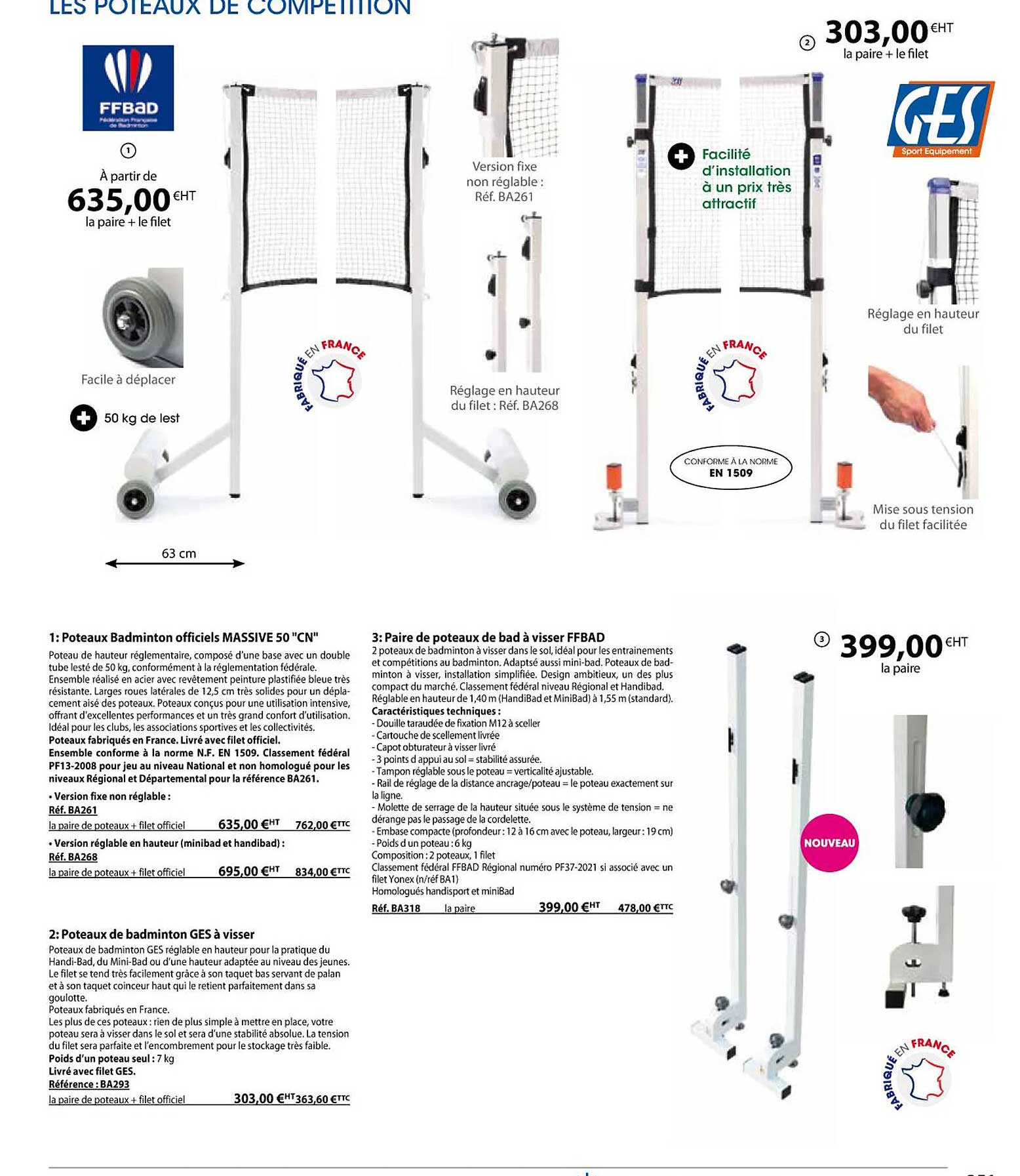 poteaux badminton officiels massive 50 "cn", poteaux de badminton ges à visser, paire de poteaux de bad à visser ffbad