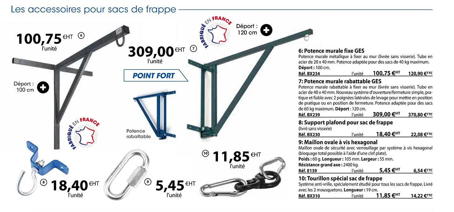 potence murale fixe ges, potence murale rabattable ges, support plafond pour sac de frappe, maillon ovale à vis hexagonal, tourillon spécial sac de frappe