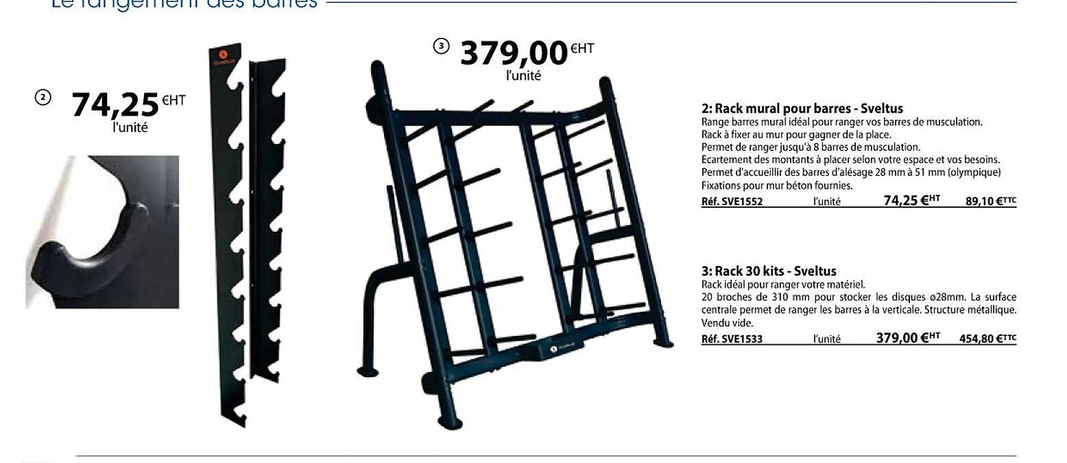 rack mural pour barres - sveltus, rack 30 kits - sveltus