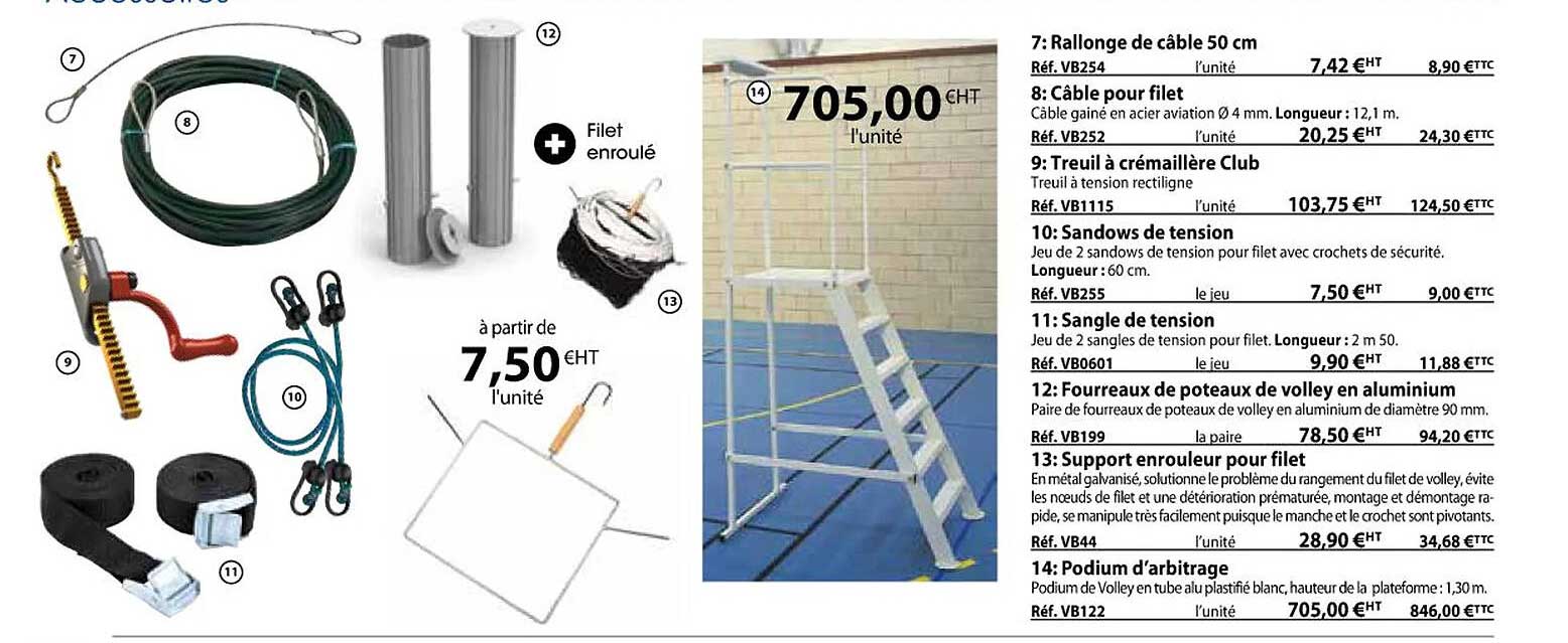 rallonge de câble 50 cm, câble pour filet, treuil à crémaillère club, sandows de tension, sangle de tension, fourreaux de poteaux de volley en aluminium, support enrouleur pour filet