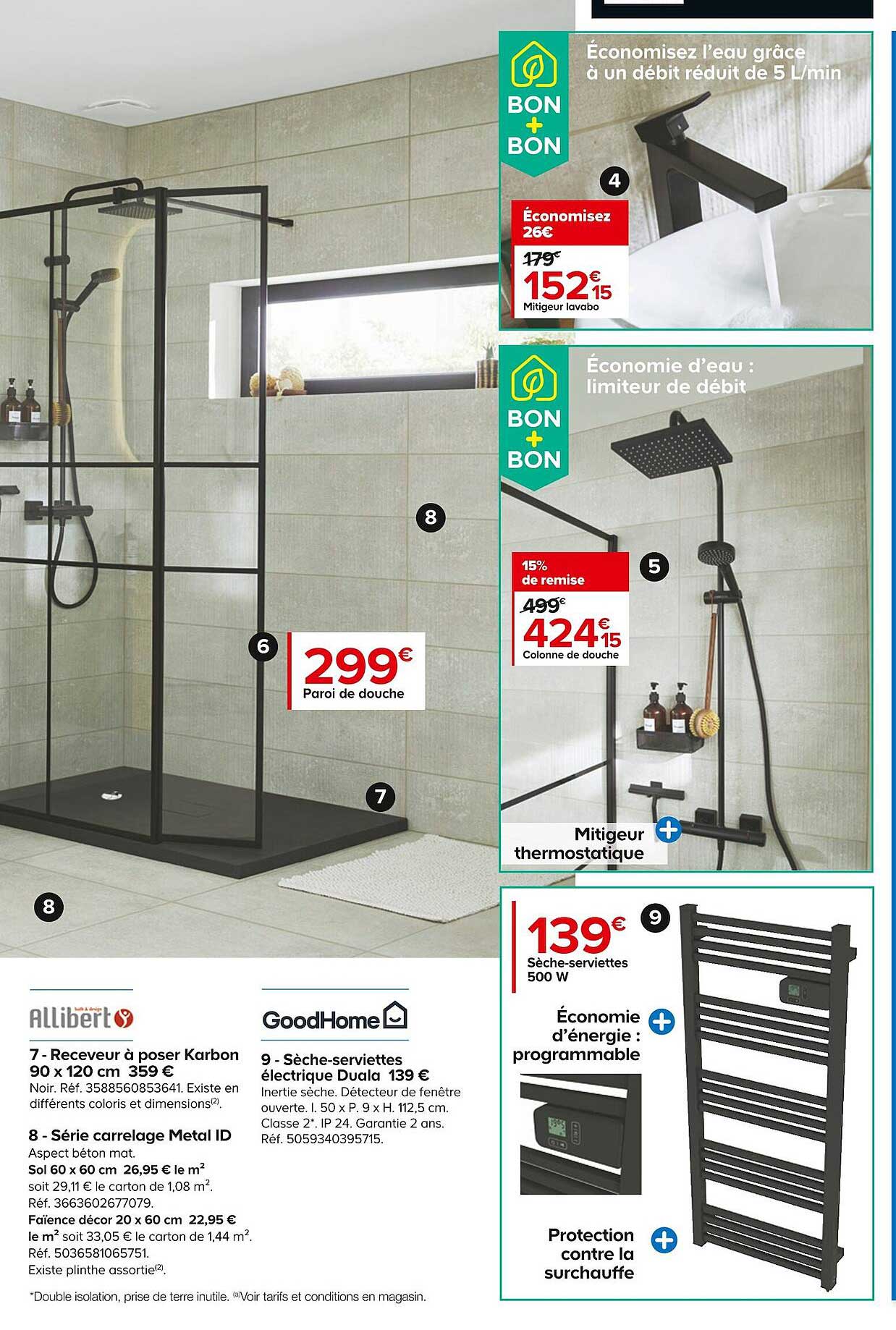 receveur à poser karbon, série carrelage métal id, sèche-serviettes électrique duala, colonne de douche, mitigeur lavabo