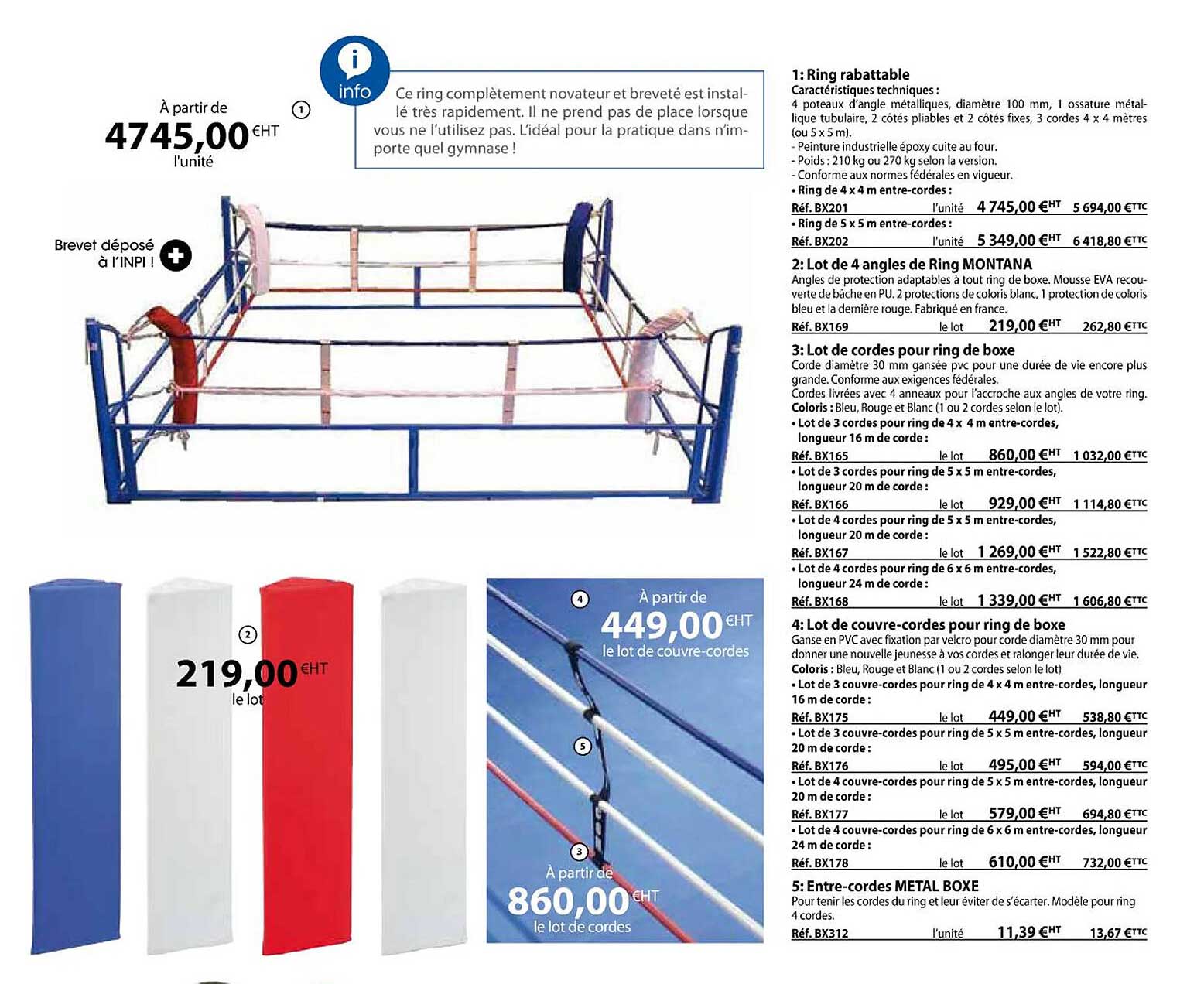 ring rabattable, lot de 4 angles de ring montana, lot de cordes pour ring de boxe, lot de couvre-cordes pour ring de boxe, entre-cordes métal boxe