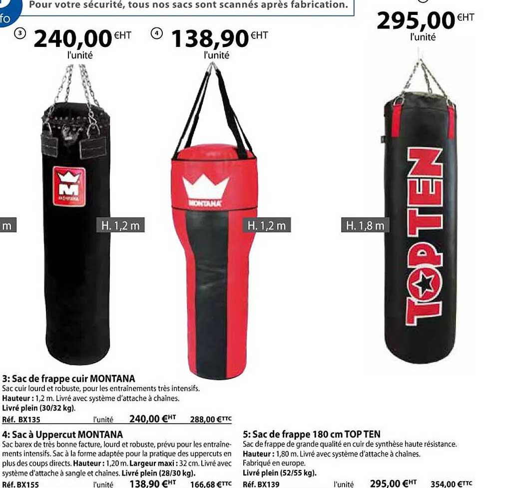 sac de frappe cuir montana, sac à uppercut montana, sac de frappe 180 cm top ten