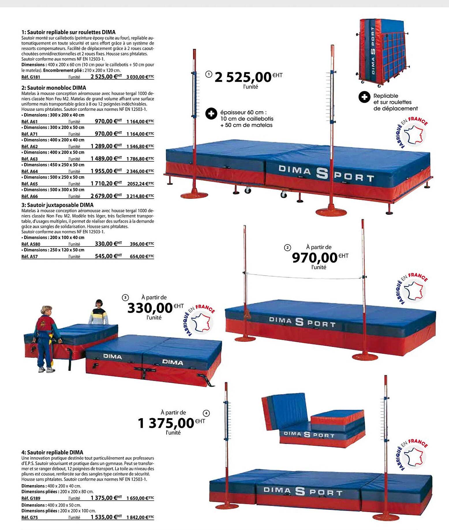 sautoir repliable sur roulettes dima, sautoir monobloc dima, sautoir juxtaposable dima, sautoir repliable dima