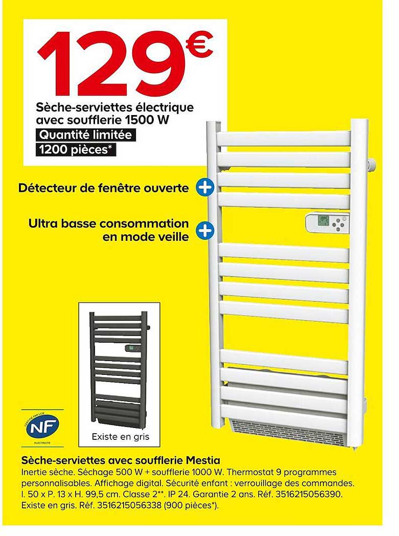 sèche-serviettes électrique avec soufflerie 1500 w mestia