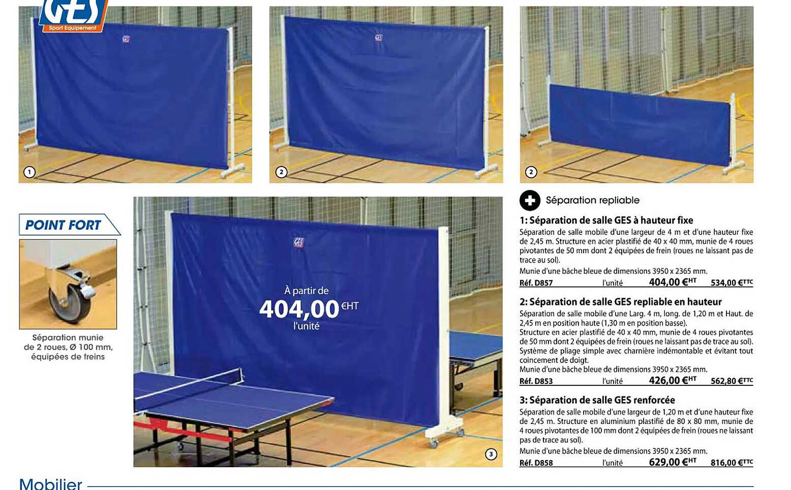 séparation de salle ges à hauteur fixe, séparation de salle ges repliable en hauteur, séparation de salle ges renforcée