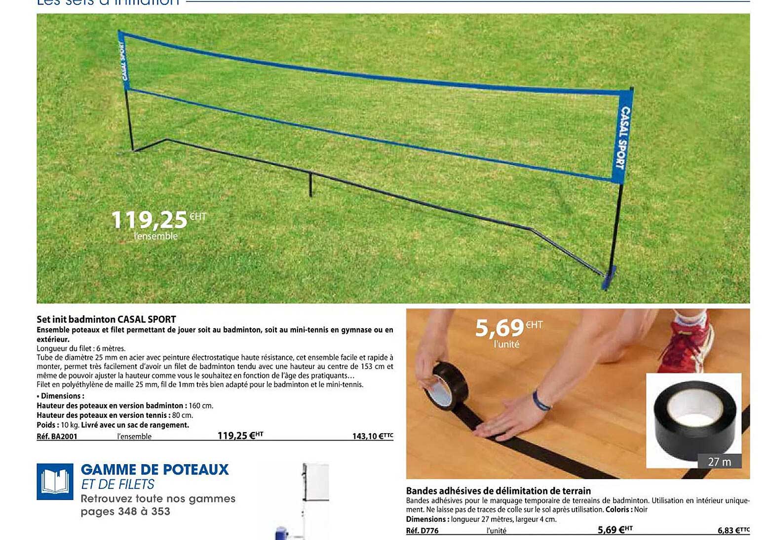 set init badminton casal sport, bandes adhésives de délimitation de terrain