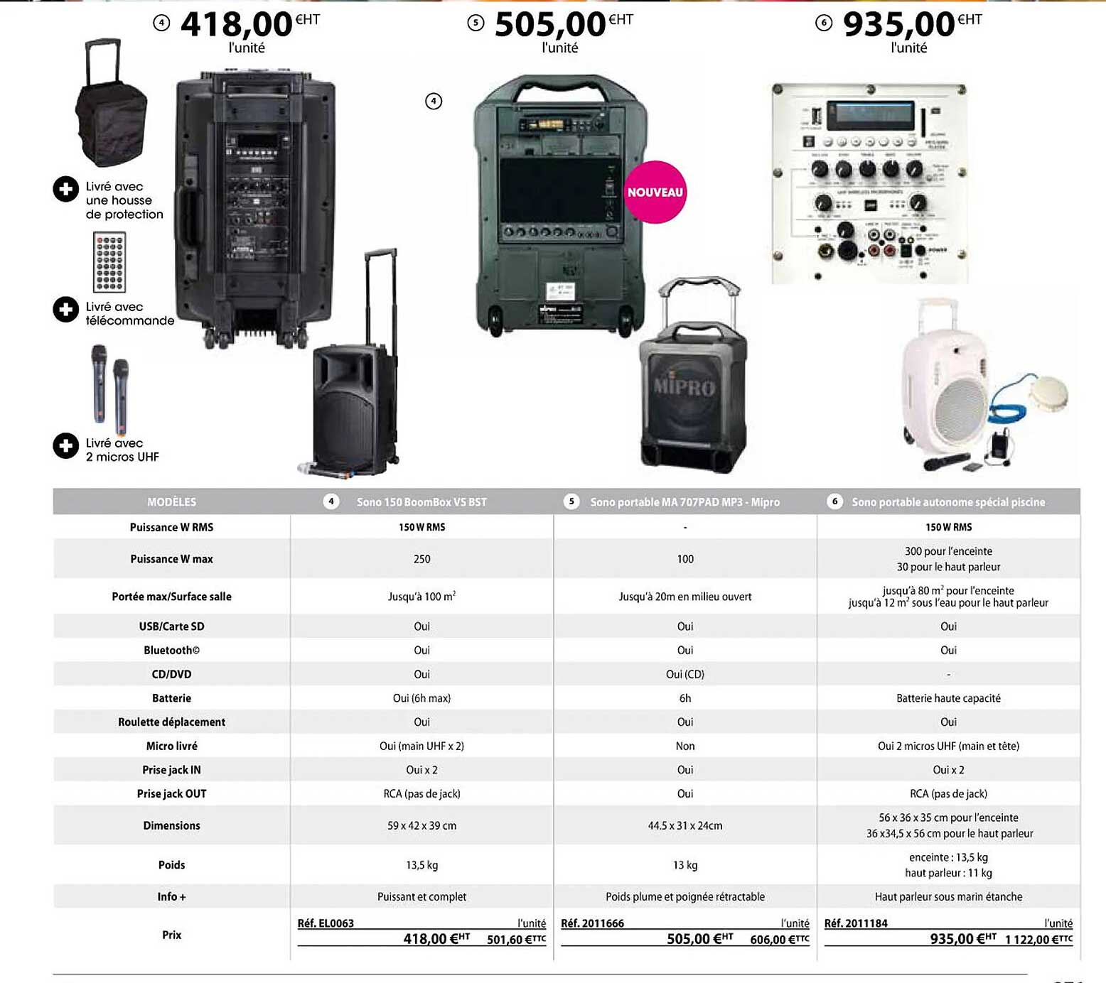 sono 150 boombox vs bst, sono portable ma 707pad mp3 - mipro, sono portable autonome spécial piscine