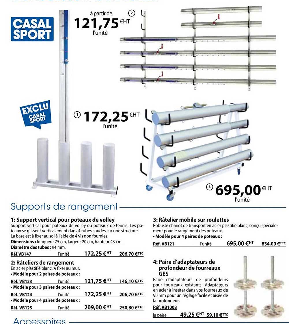 support vertical pour poteaux de volley, râteliers de rangement, râtelier mobile sur roulettes, paire d'adaptateurs de profondeur de fourreaux ges