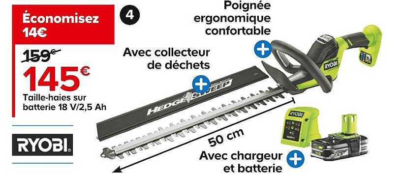 taille-haies sur batterie 18 v-2,5 ah ryobi