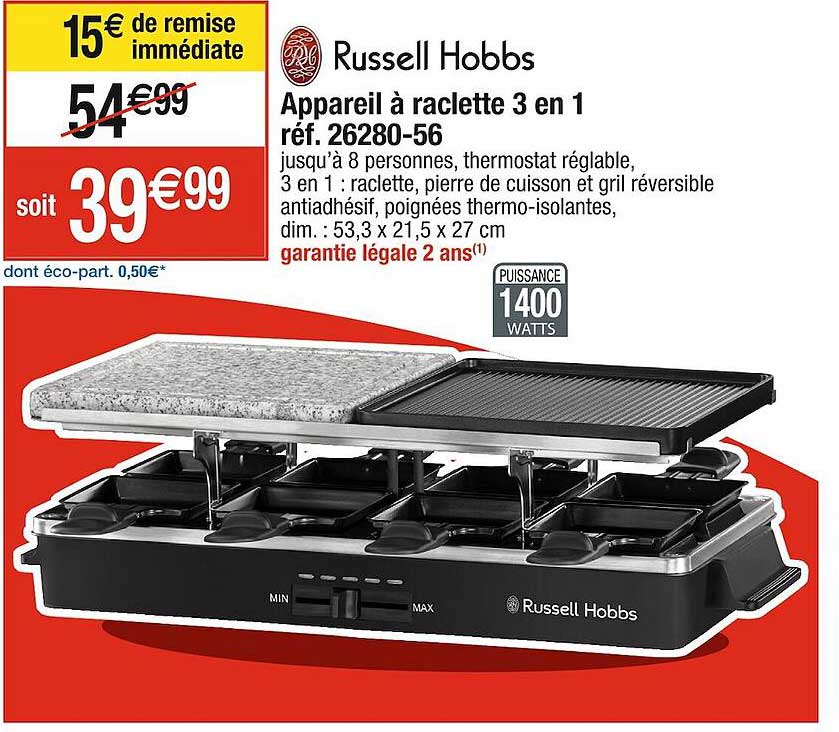 appareil à raclette 3 en 1 russell hobbs