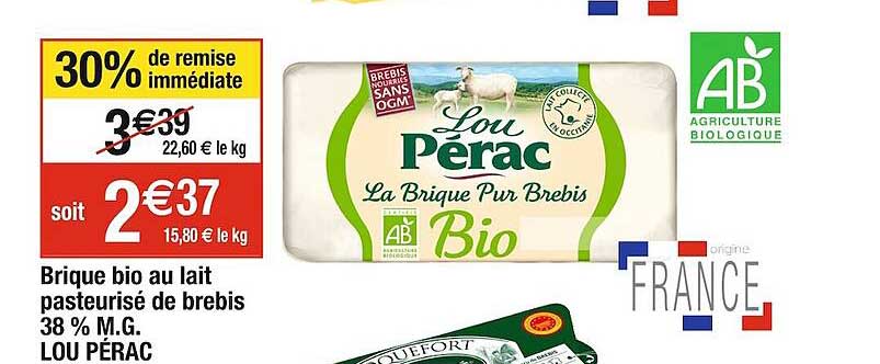 brique bio au lait pasteurisé de brebis 38% m.g. lou pérac