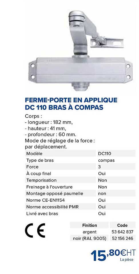 ferme-porte en applique dc 110 bras à compas