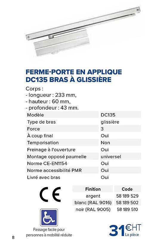 ferme-porte en applique dc135 bras à glissière