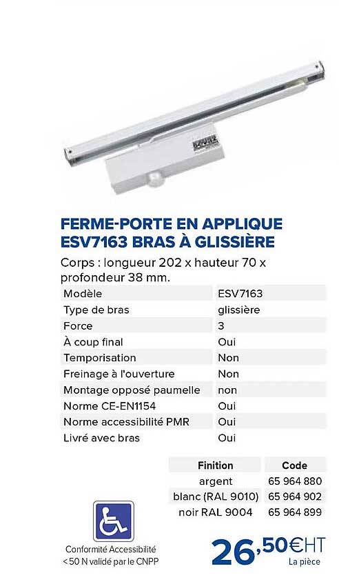 ferme-porte en applique esv7163 bras à glissière