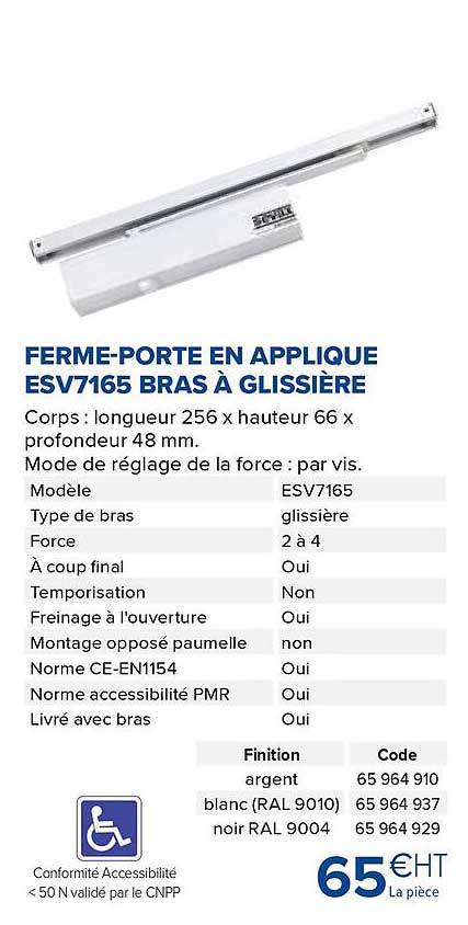 ferme-porte en applique esv7165 bras à glissière