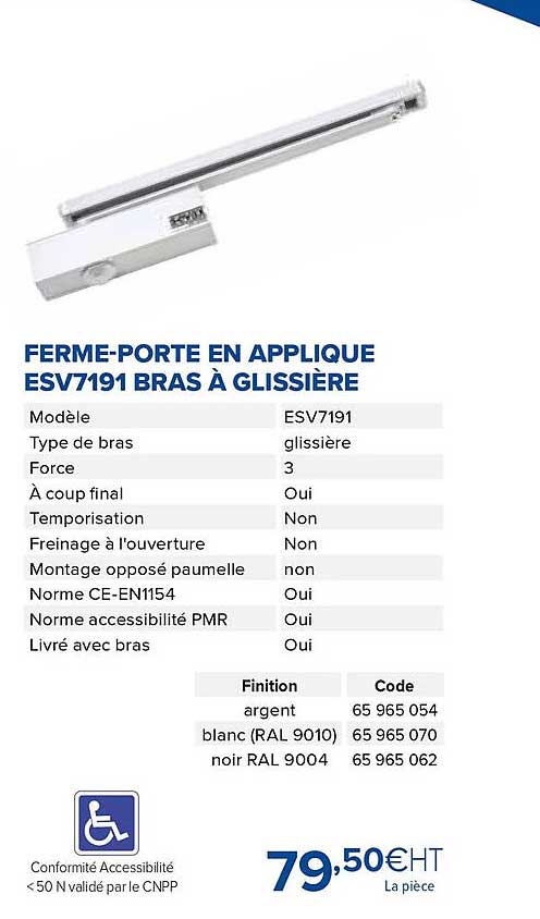 ferme-porte en applique esv7191 bras à glissière