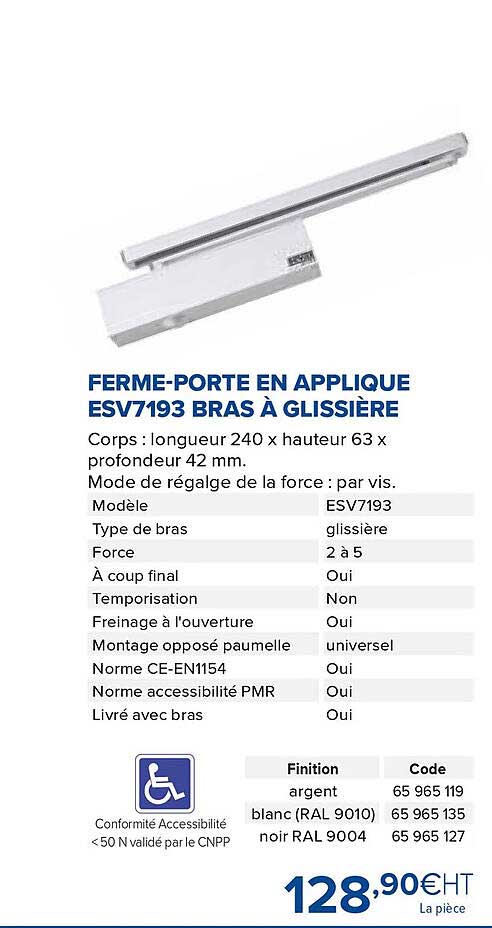 ferme-porte en applique esv7193 bras à glissière