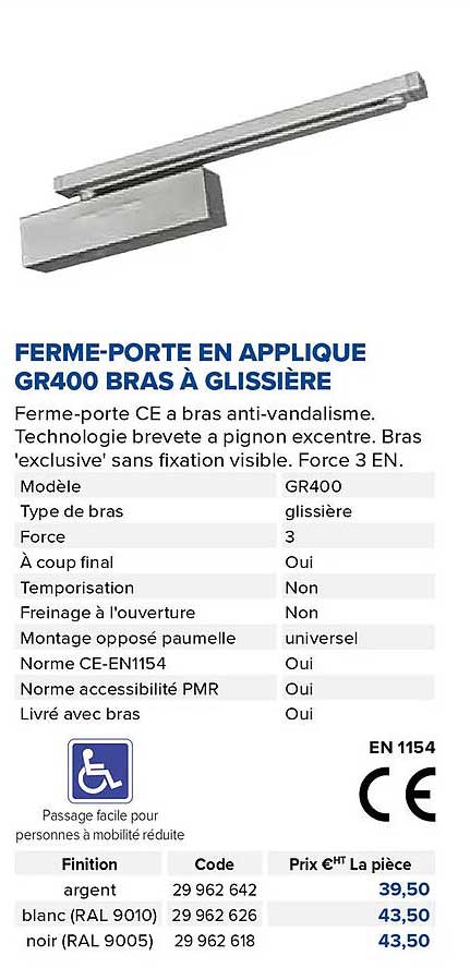 ferme-porte en applique gr400 bras à glissière