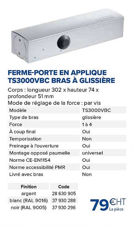 ferme-porte en applique ts3000vbc bras à glissière