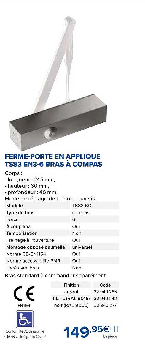 ferme-porte en applique ts83 en3-6 bras à compas