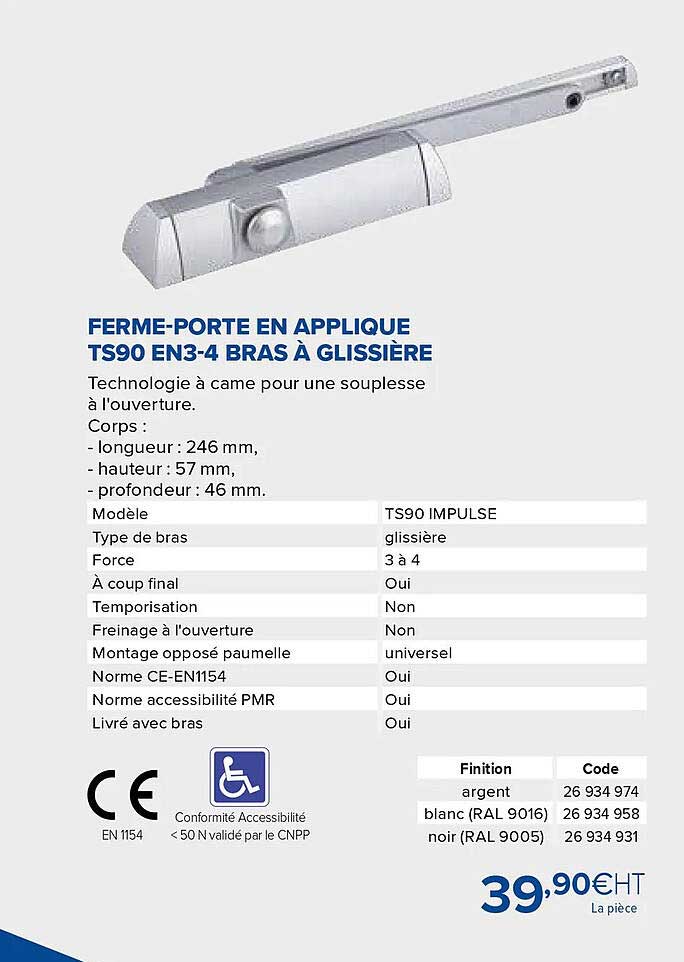 ferme-porte en applique ts90 en3-4 bras à glissière