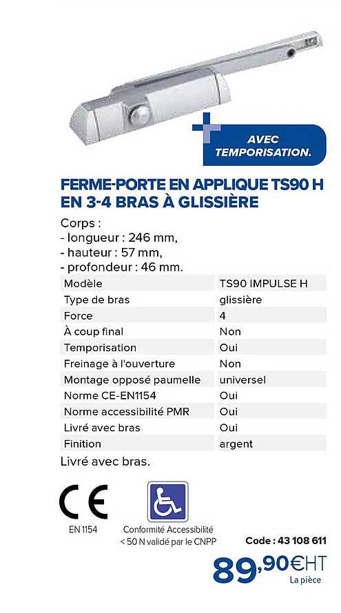 ferme-porte en applique ts90 h en 3-4 bras à glissière